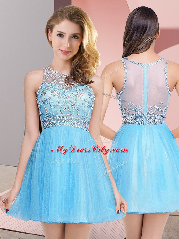 Attractive Baby Blue Empire Beading Homecoming Dress Zipper Tulle Sleeveless Mini Length