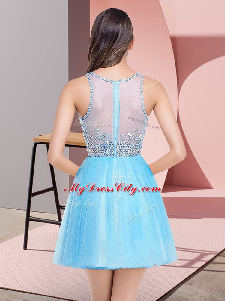 Attractive Baby Blue Empire Beading Homecoming Dress Zipper Tulle Sleeveless Mini Length