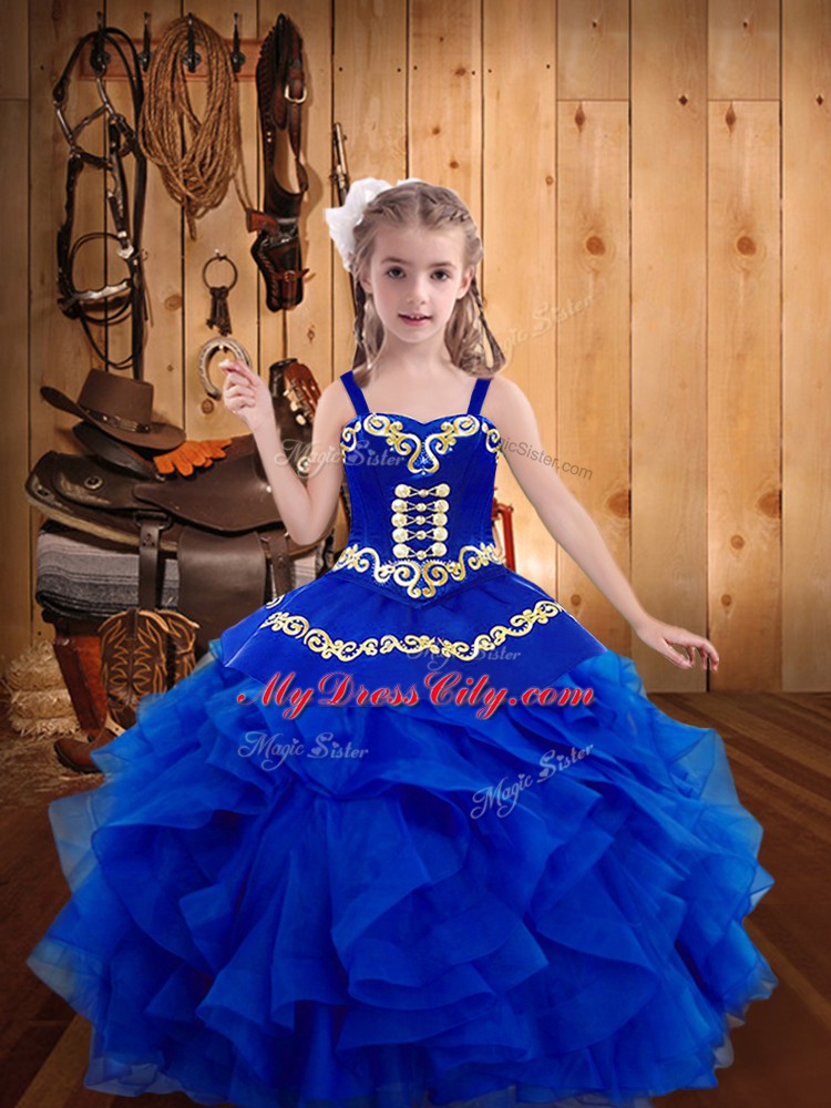 Unique Straps Sleeveless Organza Child Pageant Dress Embroidery and Ruffles Lace Up