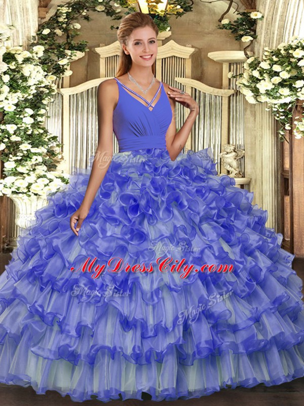 Lavender Sleeveless Floor Length Ruffled Layers Backless Quince Ball Gowns