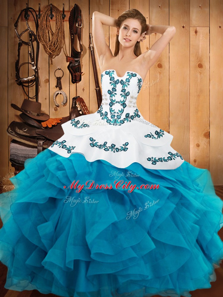 Discount Teal Satin and Organza Lace Up Strapless Sleeveless Floor Length Sweet 16 Dresses Embroidery and Ruffles