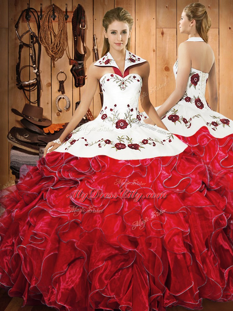 Wine Red Sleeveless Satin and Organza Lace Up Sweet 16 Dress for Military Ball and Sweet 16 and Quinceanera