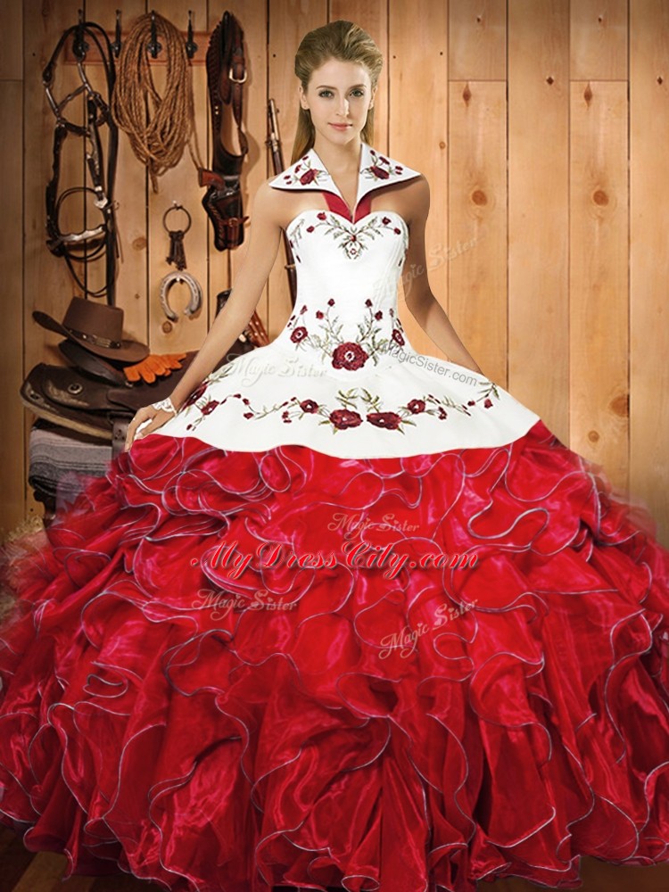 Wine Red Sleeveless Satin and Organza Lace Up Sweet 16 Dress for Military Ball and Sweet 16 and Quinceanera