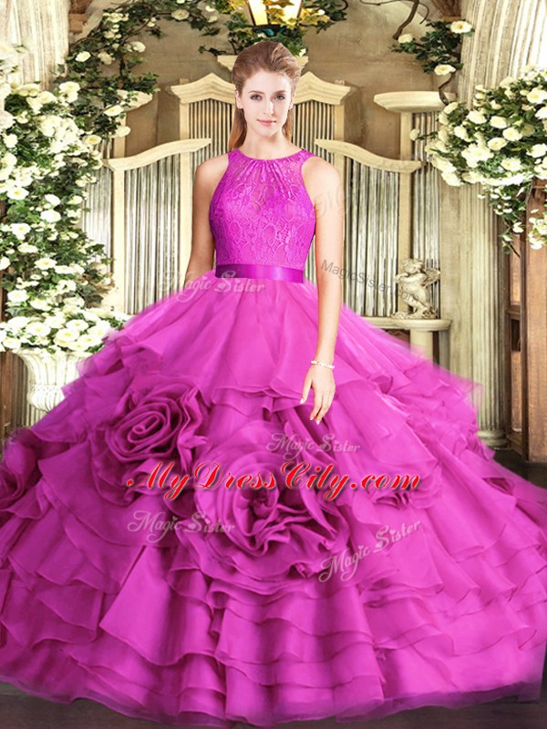 Floor Length Fuchsia Vestidos de Quinceanera Fabric With Rolling Flowers Sleeveless Lace