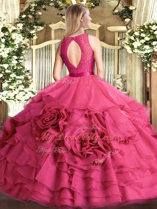 Floor Length Fuchsia Vestidos de Quinceanera Fabric With Rolling Flowers Sleeveless Lace