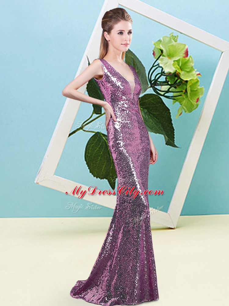 Lilac Sleeveless Sequined Zipper Prom Evening Gown for Prom and Party