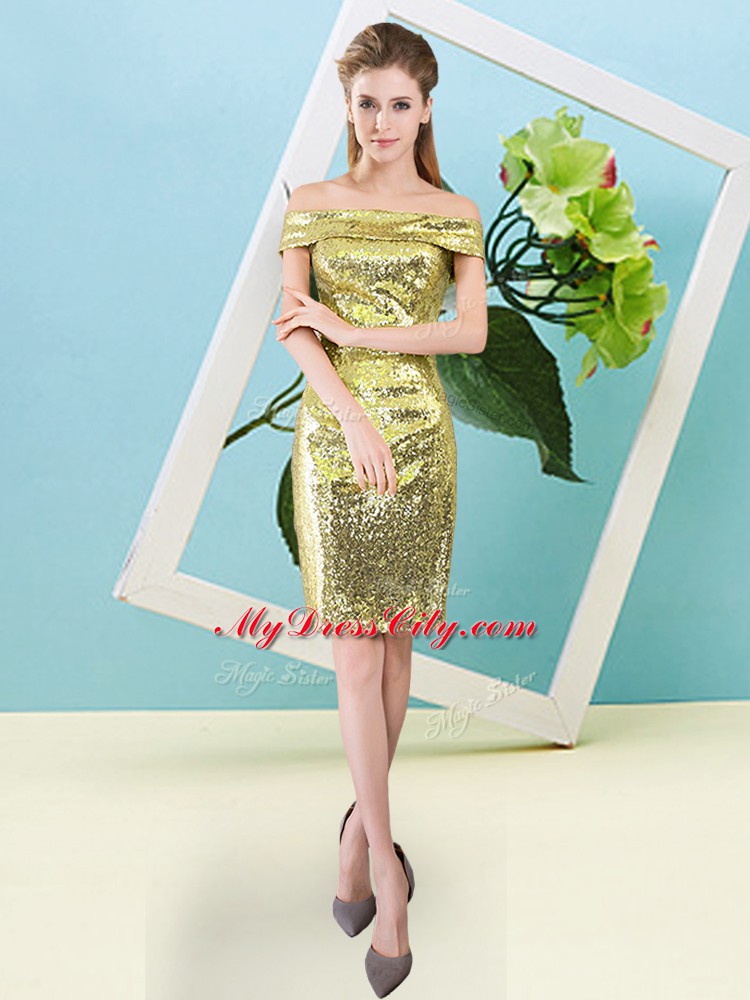 Clearance Yellow Off The Shoulder Neckline Sequins Homecoming Dress Short Sleeves Zipper