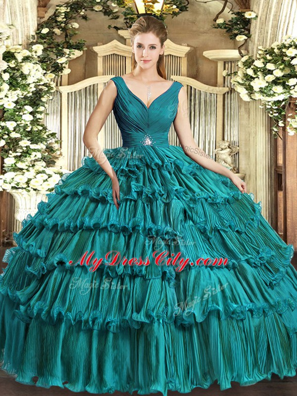 Ball Gowns Quinceanera Dresses Teal V-neck Organza Sleeveless Floor Length Backless