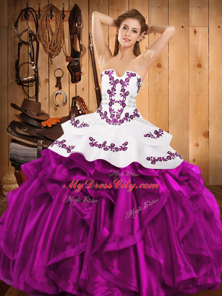 Colorful Fuchsia Sleeveless Floor Length Embroidery and Ruffles Lace Up Quinceanera Gown