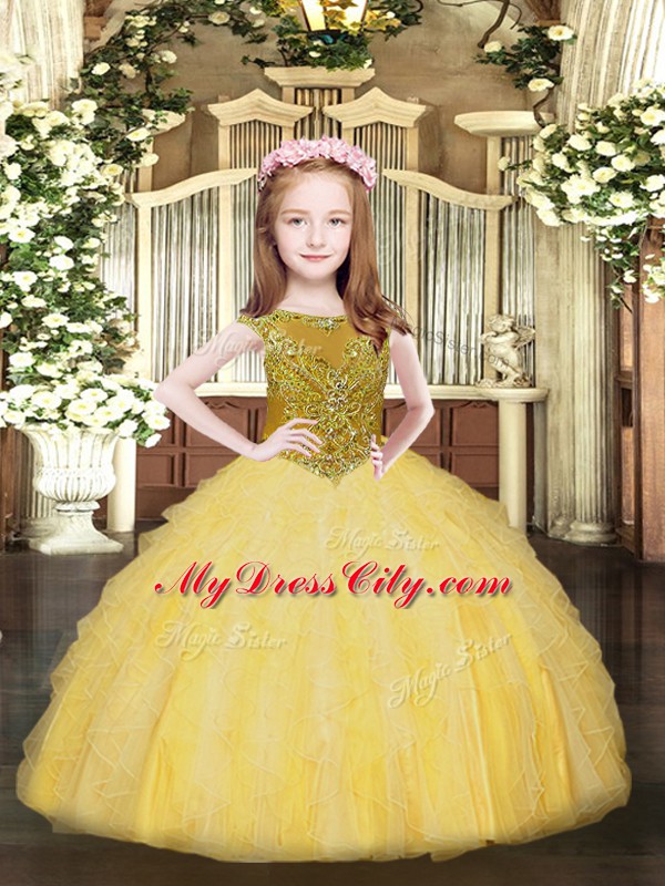 Cheap Scoop Sleeveless Little Girls Pageant Dress Floor Length Beading and Ruffles Gold Organza