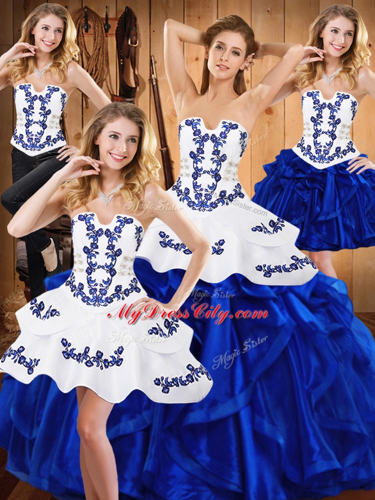 Blue Ball Gowns Embroidery and Ruffles Vestidos de Quinceanera Lace Up Satin and Organza Sleeveless Floor Length