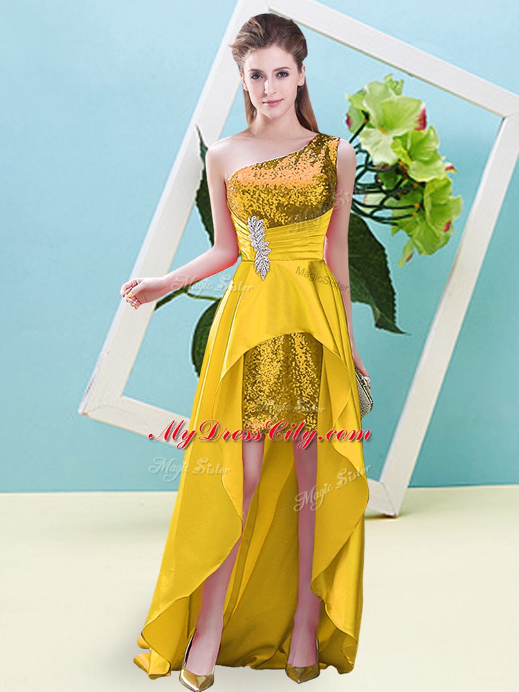 High Low A-line Sleeveless Gold Prom Dresses Lace Up