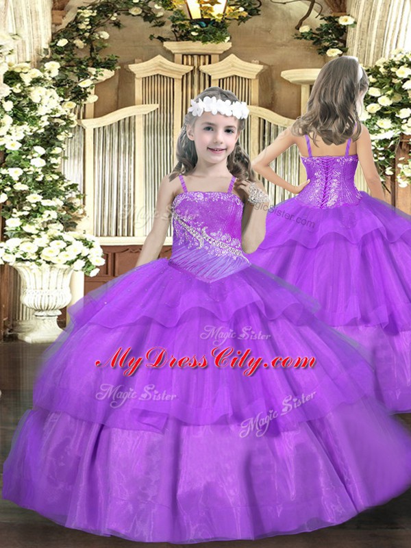 Purple Ball Gowns Straps Sleeveless Organza Floor Length Lace Up Beading and Ruffled Layers Pageant Dress Toddler