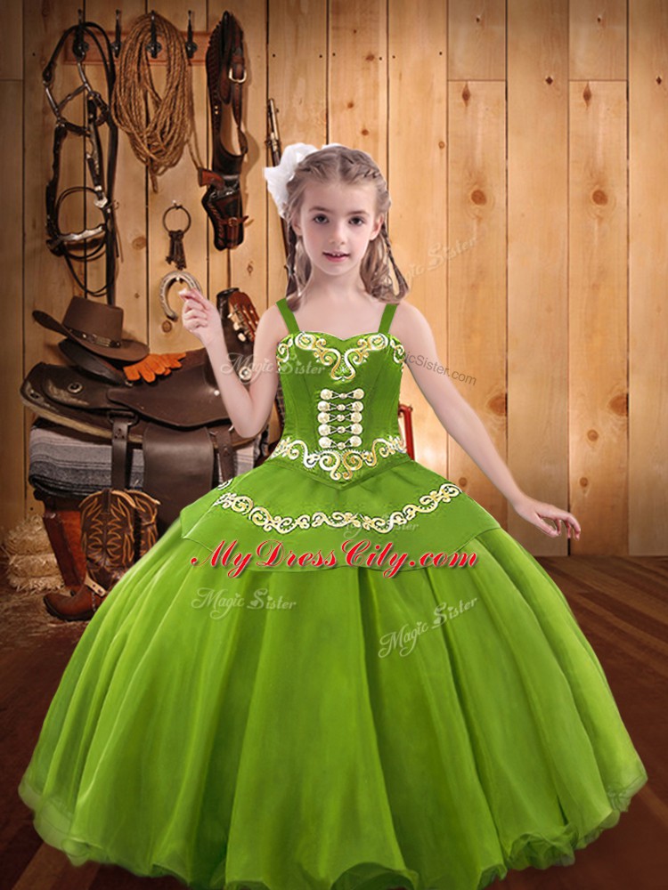 Luxurious Olive Green Sleeveless Floor Length Embroidery Lace Up Pageant Dress Wholesale