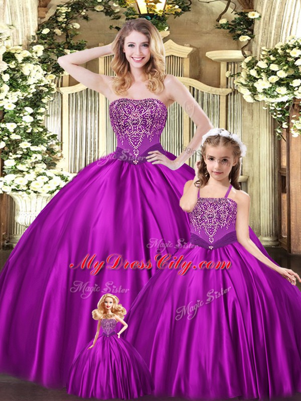 Luxurious Eggplant Purple Strapless Neckline Beading Quince Ball Gowns Sleeveless Lace Up