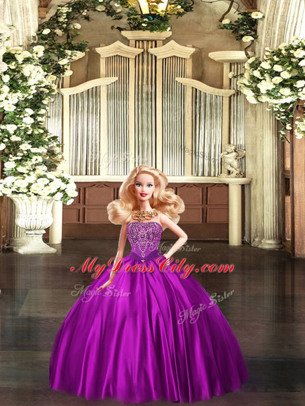 Luxurious Eggplant Purple Strapless Neckline Beading Quince Ball Gowns Sleeveless Lace Up