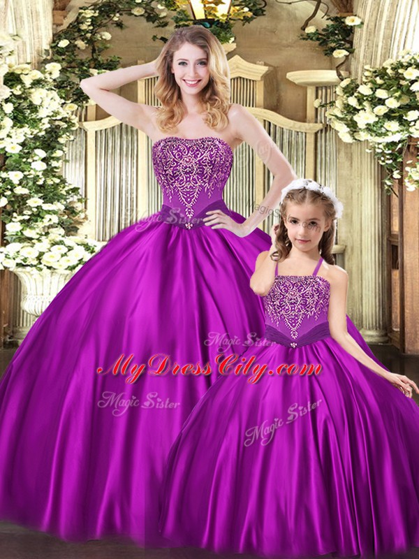 Luxurious Eggplant Purple Strapless Neckline Beading Quince Ball Gowns Sleeveless Lace Up