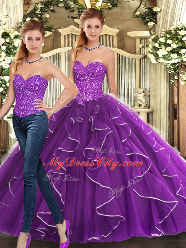 Sweet Sweetheart Sleeveless Ball Gown Prom Dress Floor Length Beading and Ruffles Eggplant Purple Organza