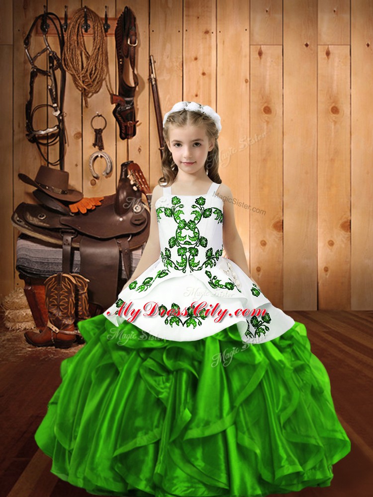 New Style Green Lace Up Straps Beading and Ruffles Custom Made Pageant Dress Organza Sleeveless