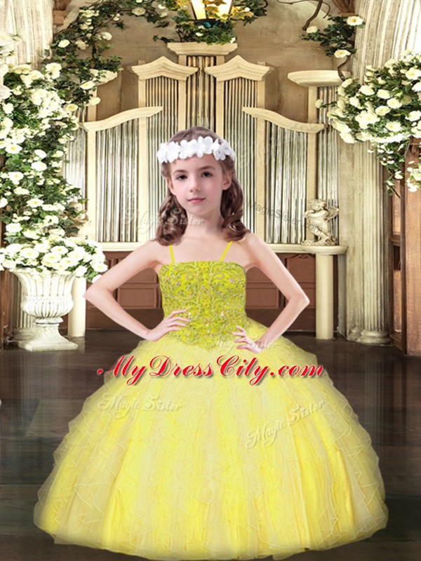 Organza Spaghetti Straps Sleeveless Lace Up Beading and Ruffles Kids Pageant Dress in Yellow