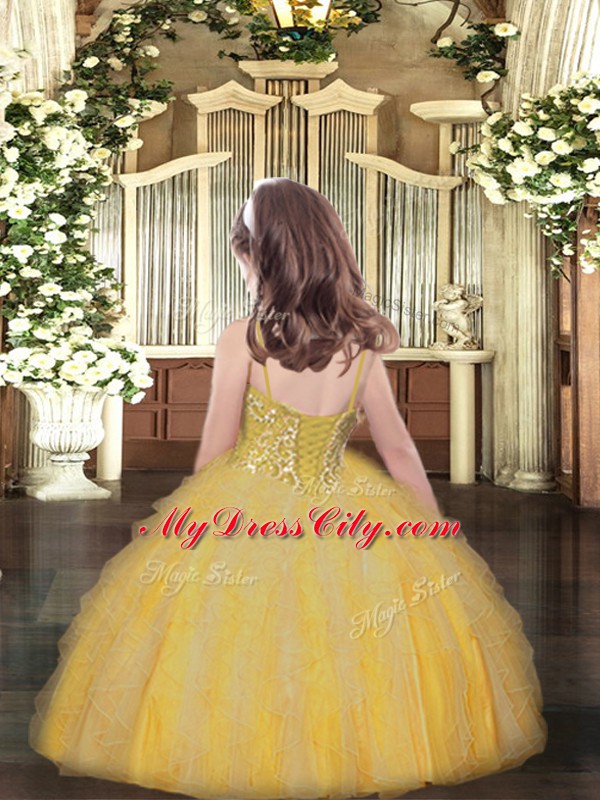 Organza Spaghetti Straps Sleeveless Lace Up Beading and Ruffles Kids Pageant Dress in Yellow