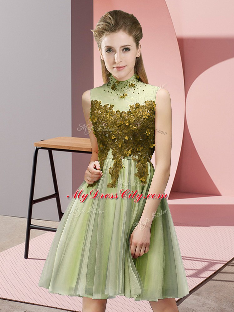 Deluxe Appliques Wedding Party Dress Yellow Green Lace Up Sleeveless Knee Length