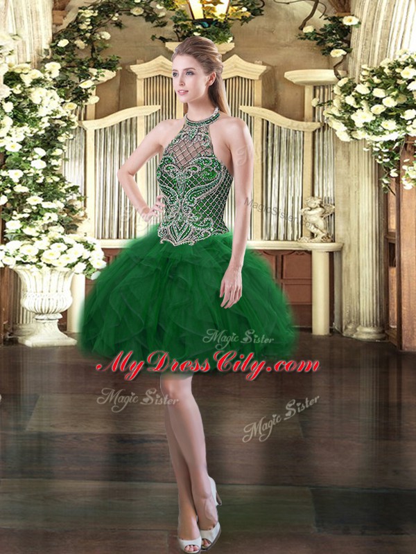 Dramatic Sleeveless Tulle Mini Length Lace Up in Dark Green with Beading and Ruffles