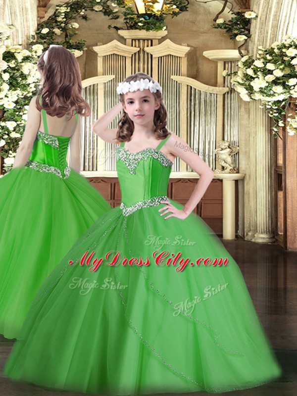 Sweet Green Straps Lace Up Beading Kids Formal Wear Sweep Train Sleeveless