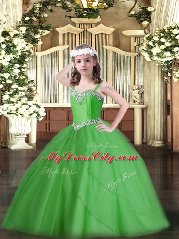 Sweet Green Straps Lace Up Beading Kids Formal Wear Sweep Train Sleeveless