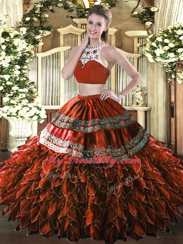 High-neck Sleeveless Backless Vestidos de Quinceanera Rust Red Tulle