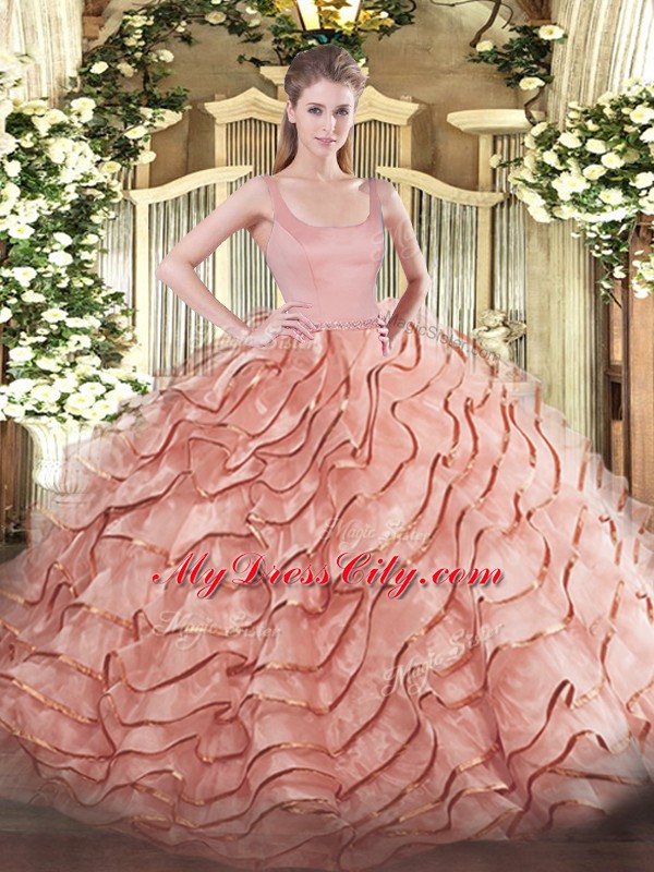 Sleeveless Organza Brush Train Zipper Quinceanera Gowns in Rust Red with Ruffled Layers