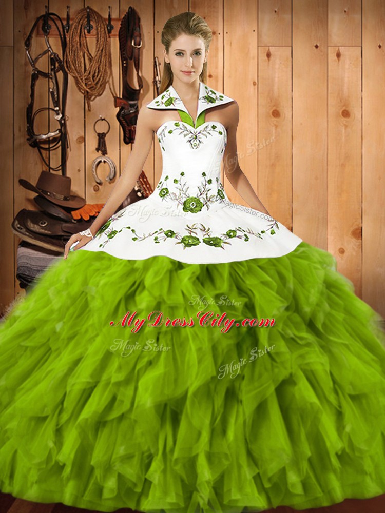 Noble Olive Green Ball Gowns Satin and Organza Halter Top Sleeveless Embroidery and Ruffles Floor Length Lace Up 15 Quinceanera Dress