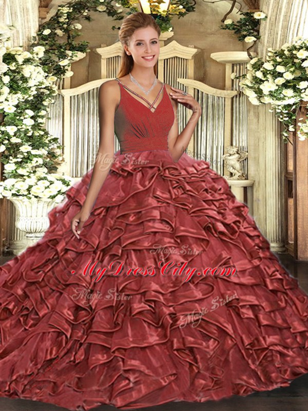 Rust Red Backless Ball Gown Prom Dress Ruffles Sleeveless Sweep Train