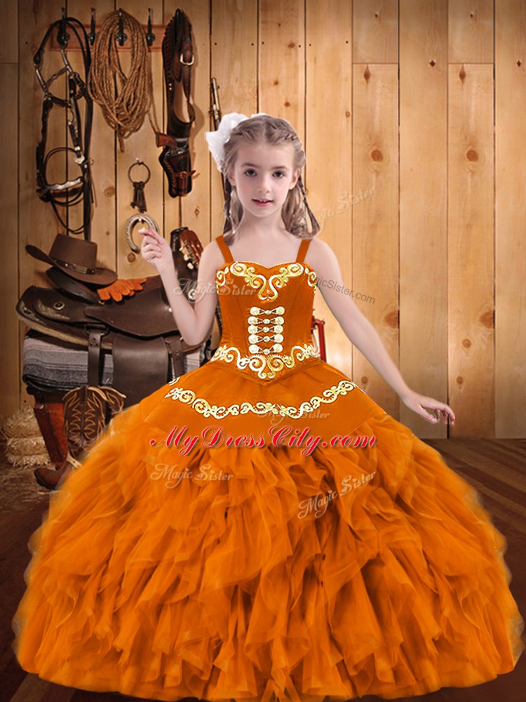 Enchanting Orange Lace Up Straps Embroidery and Ruffles Girls Pageant Dresses Organza Sleeveless