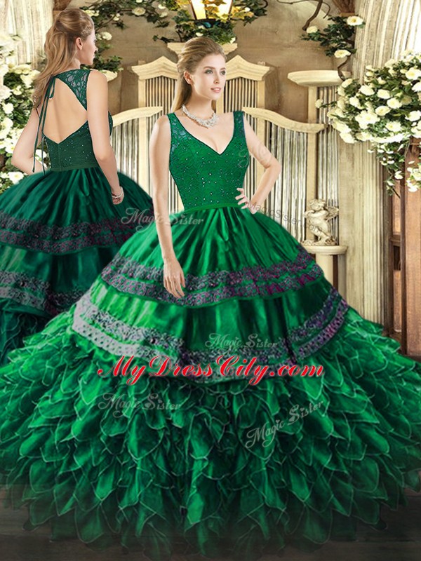 Decent Sleeveless Floor Length Beading and Ruffles Zipper Sweet 16 Dress with Dark Green