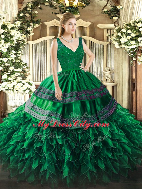 Decent Sleeveless Floor Length Beading and Ruffles Zipper Sweet 16 Dress with Dark Green