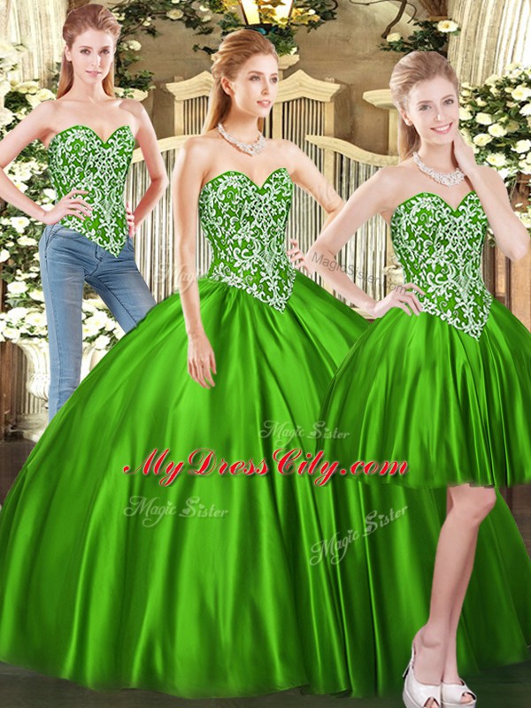 Sleeveless Tulle Floor Length Lace Up Quince Ball Gowns in Green with Beading