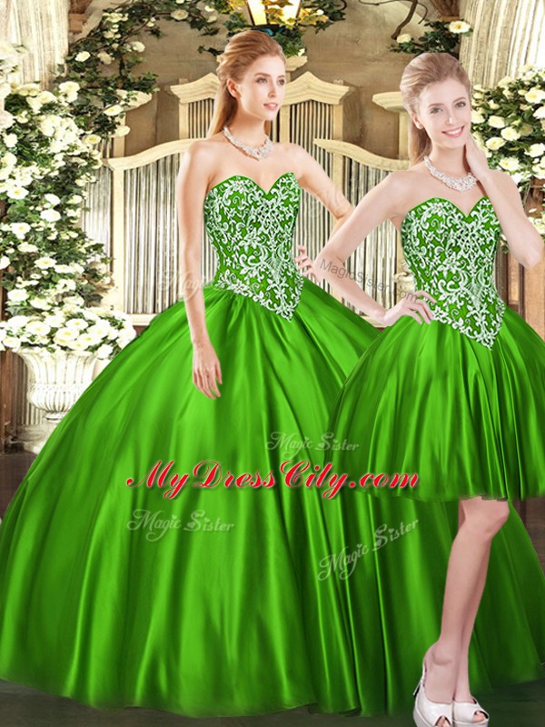 Sleeveless Tulle Floor Length Lace Up Quince Ball Gowns in Green with Beading