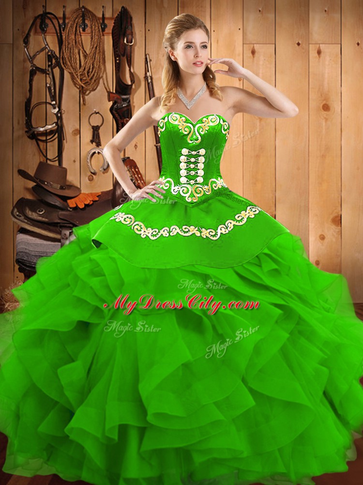 Ideal Embroidery and Ruffles Sweet 16 Dresses Green Lace Up Sleeveless Floor Length