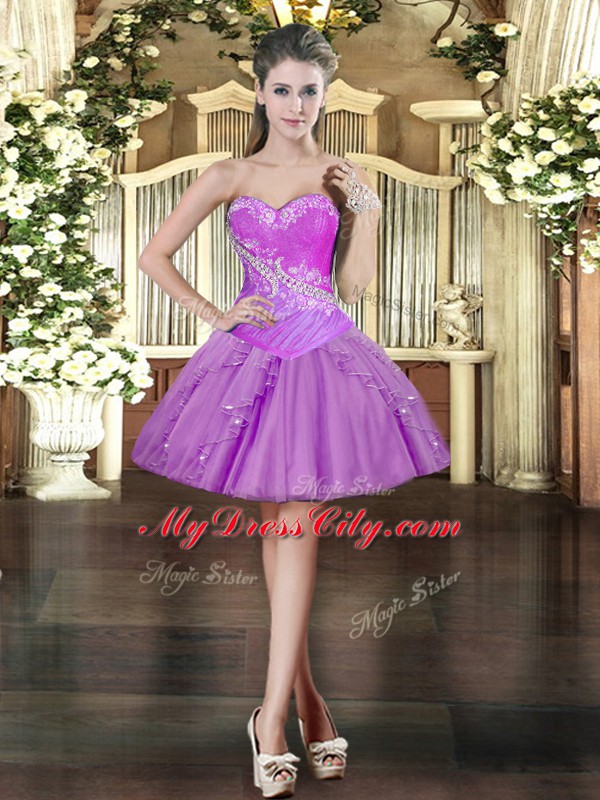 Sweetheart Sleeveless Prom Party Dress Mini Length Beading and Ruffles Lavender Organza