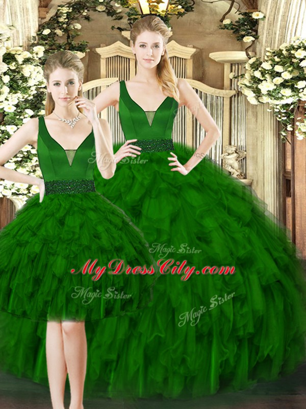 Ideal Dark Green Ball Gowns Beading and Ruffles Sweet 16 Dress Lace Up Tulle Sleeveless Floor Length