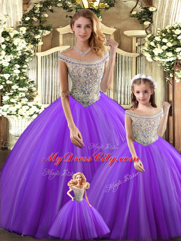 Customized Bateau Sleeveless Lace Up Quinceanera Dress Purple Tulle