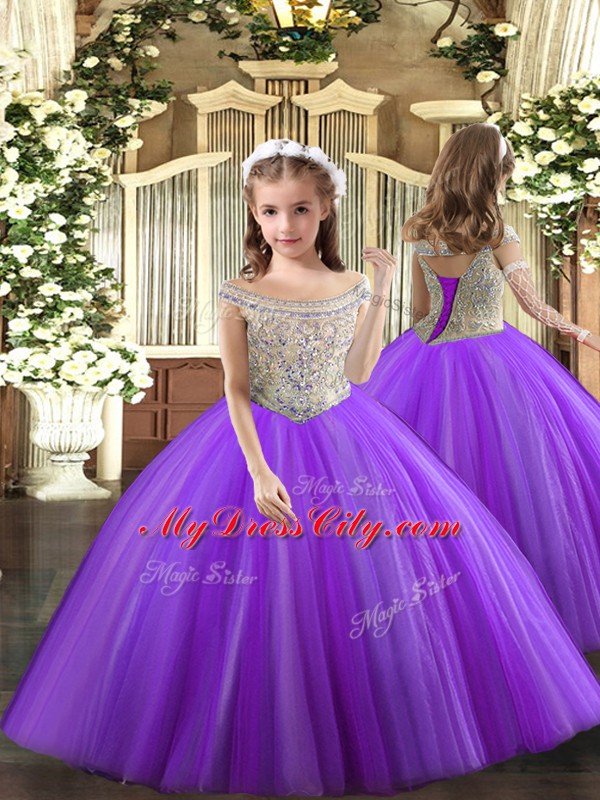 Customized Bateau Sleeveless Lace Up Quinceanera Dress Purple Tulle