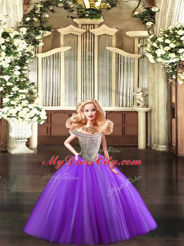 Customized Bateau Sleeveless Lace Up Quinceanera Dress Purple Tulle