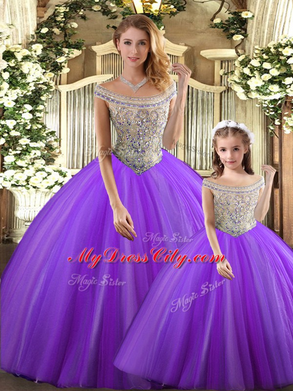 Customized Bateau Sleeveless Lace Up Quinceanera Dress Purple Tulle