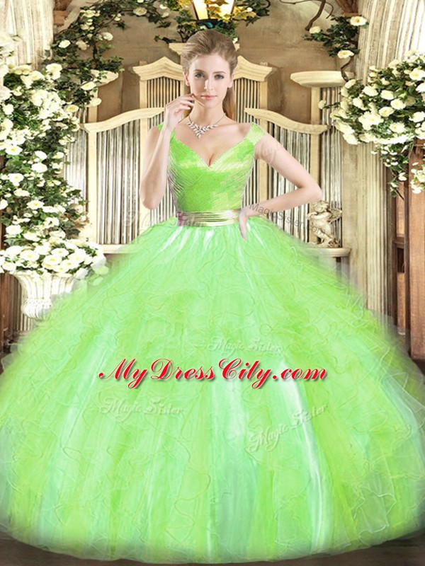 Custom Fit Tulle V-neck Sleeveless Zipper Beading and Ruffles Vestidos de Quinceanera in Yellow Green