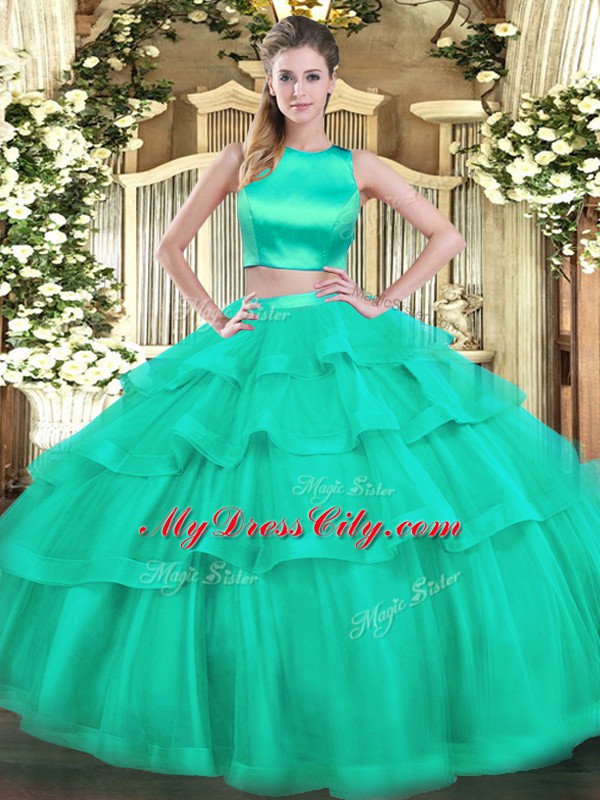 Excellent Turquoise High-neck Neckline Ruffled Layers Ball Gown Prom Dress Sleeveless Criss Cross