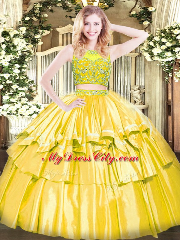 New Style Floor Length Yellow Ball Gown Prom Dress Scoop Sleeveless Zipper