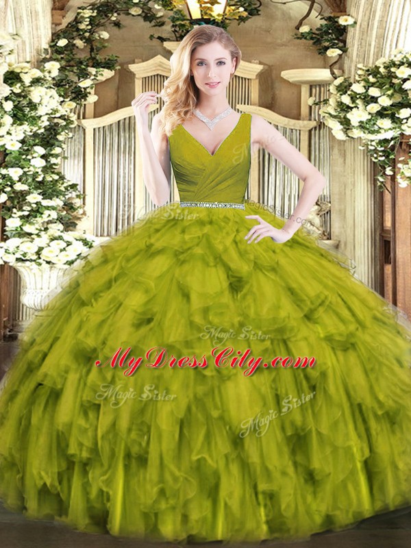 Ball Gowns Quinceanera Gown Olive Green V-neck Tulle Sleeveless Floor Length Zipper