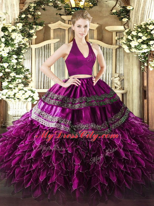 Ideal Fuchsia Organza Zipper 15 Quinceanera Dress Sleeveless Floor Length Appliques and Ruffles